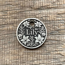 Load image into Gallery viewer, Custom Lily Flower Pet ID Tag – Deep Engraved Round Metal Dog Name Tag – Made in Australia by The Barking Tagsmith