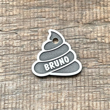 Load image into Gallery viewer, Funny Poop shaped pet ID Tag made from brass, copper or nickel silver