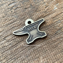 Load image into Gallery viewer, Dog ID tag shaped like an anvil with engraved name Anvil, personalised deep engraved metal pet tag for dogs with blacksmith design