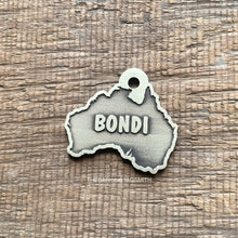 Load image into Gallery viewer, Dog ID tag shaped like Australia with the name Bondi engraved, personalised deep engraved metal pet tag with an Australian map design.