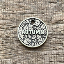 Load image into Gallery viewer, Dog ID tag with autumn leaves design and engraved name, personalised deep engraved metal pet tag for dogs and cats.