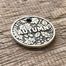 Load image into Gallery viewer, Dog ID tag with autumn leaves design and engraved name, personalised deep engraved metal pet tag for dogs and cats.