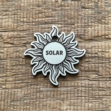 Load image into Gallery viewer, Dog ID tag with celestial sun design and engraved name, personalised deep engraved metal pet tag for dogs and cats.