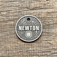 Load image into Gallery viewer, Dog ID tag with circuit board design and the name Newton engraved, personalised deep engraved metal pet tag with tech and electronics pattern.