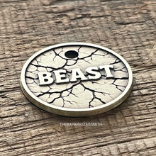 Load image into Gallery viewer, Dog ID tag with cracked stone texture and engraved name, personalised deep engraved metal pet tag for dogs and cats.