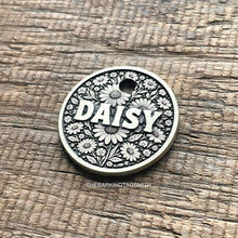 Load image into Gallery viewer, Personalised floral dog ID tag with daisy flower engraving deeply engraved into solid metal pet tag