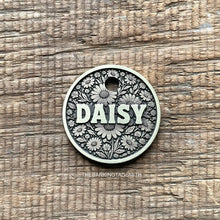 Load image into Gallery viewer, Personalised floral dog ID tag with daisy flower engraving deeply engraved into solid metal pet tag