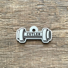 Load image into Gallery viewer, Dumbbell dog ID tag personalised with engraved name, fitness themed metal pet tag for dogs.