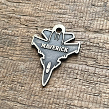 Load image into Gallery viewer, Dog ID tag shaped like a fighter jet with the name Maverick engraved, personalised deep engraved metal pet tag with a bold aviation design.