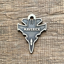 Load image into Gallery viewer, Dog ID tag shaped like a fighter jet with the name Maverick engraved, personalised deep engraved metal pet tag with a bold aviation design.