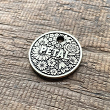Load image into Gallery viewer, Dog ID tag with dense floral flower pattern including daisies and roses and engraved name Petal, personalised deep engraved metal pet tag for dogs.