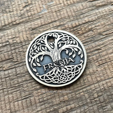 Load image into Gallery viewer, dog ID tag with Freyja Tree of Life design, personalised deep engraved round pet ID tag for dogs and cats in nickel silver, Australian made
