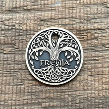 Load image into Gallery viewer, dog ID tag with Celtic Tree of Life design, personalised deep engraved round pet ID tag for dogs and cats in nickel silver, Australian made