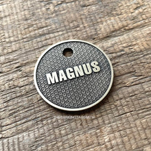 Load image into Gallery viewer, Dog ID tag with geometric lattice pattern and engraved name Magnus, personalised deep engraved metal pet tag for dogs and cats.