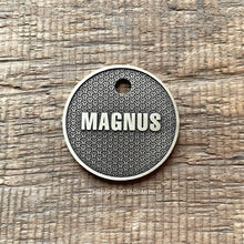 Load image into Gallery viewer, Dog ID tag with geometric lattice pattern and engraved name Magnus, personalised deep engraved metal pet tag for dogs and cats.