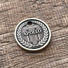 Load image into Gallery viewer, Dog ID tag with Greek temple and laurel wreath design and engraved name, personalised deep engraved metal pet tag.