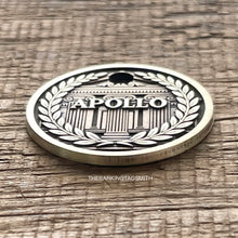Load image into Gallery viewer, Dog ID tag with Greek temple and laurel wreath design and engraved name, personalised deep engraved metal pet tag.