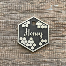 Load image into Gallery viewer, dog ID tag with honeycomb bee design, personalised deep engraved hexagon pet ID tag for dogs and cats in nickel silver, Australian made