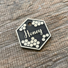 Load image into Gallery viewer, dog ID tag with honeycomb bee design, personalised deep engraved hexagon pet ID tag for dogs and cats in nickel silver, Australian made