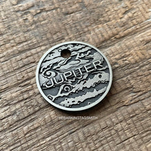 Load image into Gallery viewer, Dog ID tag with Jupiter planet design and engraved name, personalised deep engraved metal pet tag with astronomy and space theme.