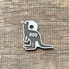Load image into Gallery viewer, Dog ID tag shaped like a kangaroo with the name Roo deep engraved, personalised engraved metal pet tag featuring an Australian kangaroo silhouette design.