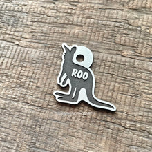 Load image into Gallery viewer, Dog ID tag shaped like a kangaroo with the name Roo deep engraved, personalised engraved metal pet tag featuring an Australian kangaroo silhouette design.