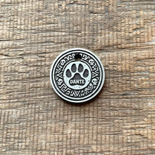 Load image into Gallery viewer, Dog ID tag with paw print and Aztec tribal pattern engraved name Dante, personalised deep engraved metal pet tag for dogs.