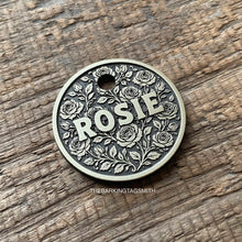 Load image into Gallery viewer, Dog ID tag with detailed rose floral design and engraved name, personalised deep engraved metal pet tag for dogs.