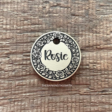 Load image into Gallery viewer, Dog ID tag with rose wreath floral border and engraved name Rosie, personalised deep engraved metal pet tag for dogs.