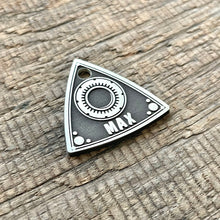 Load image into Gallery viewer, Dog ID tag inspired by a rotary engine rotor shape with deep engraved gear design and the name Max, personalised engraved metal pet tag for car enthusiasts.