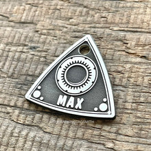 Load image into Gallery viewer, Dog ID tag inspired by a rotary engine rotor shape with deep engraved gear design and the name Max, personalised engraved metal pet tag for car enthusiasts.