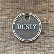 Load image into Gallery viewer, Dog ID tag round classic style with the name Dusty deep engraved, personalised engraved metal pet tag with clean circular design.