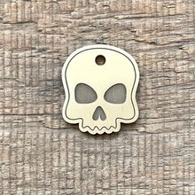 Load image into Gallery viewer, Dog ID tag shaped like a skull with deep engraved gothic design on metal tag, personalised engraved pet tag for dogs and cats.
