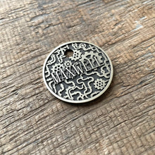 Load image into Gallery viewer, Dog ID tag with steampunk gear design and engraved name Maxwell, personalised deep engraved metal pet tag with mechanical industrial pattern.