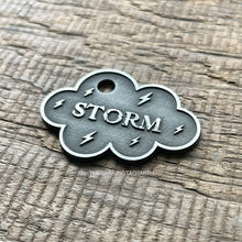 Load image into Gallery viewer, dog ID tag with storm cloud design, personalised deep engraved cloud shaped pet ID tag for dogs and cats in nickel silver, Australian made