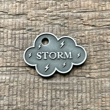Load image into Gallery viewer, dog ID tag with storm cloud design, personalised deep engraved cloud shaped pet ID tag for dogs and cats in nickel silver, Australian made