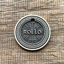 Load image into Gallery viewer, Personalised Viking compass dog ID tag with engraved Vegvisir Norse symbol and Celtic knot border in brushed silver metal on rustic wood background