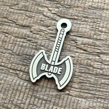 Load image into Gallery viewer, Dog ID tag shaped like a Viking battle axe with the name Blade deep engraved, custom engraved metal pet tag with bold warrior themed design.