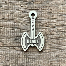 Load image into Gallery viewer, Dog ID tag shaped like a Viking battle axe with the name Blade deep engraved, custom engraved metal pet tag with bold warrior themed design.