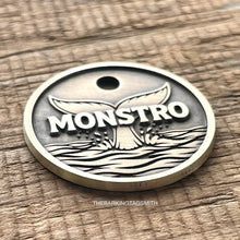 Load image into Gallery viewer, Personalised whale tail dog ID tag deeply engraved into solid metal with ocean wave design for dogs and cats