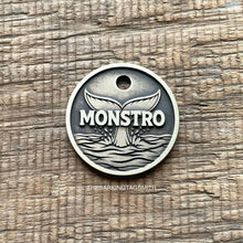 Load image into Gallery viewer, Personalised whale tail dog ID tag deeply engraved into solid metal with ocean wave design for dogs and cats