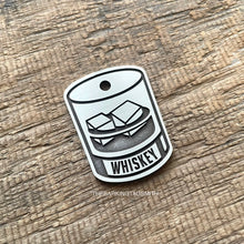 Load image into Gallery viewer, Dog ID tag with whiskey glass design and engraved name, personalised deep engraved metal pet tag for dogs and cats.