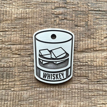 Load image into Gallery viewer, Dog ID tag with whiskey glass design and engraved name, personalised deep engraved metal pet tag for dogs and cats.